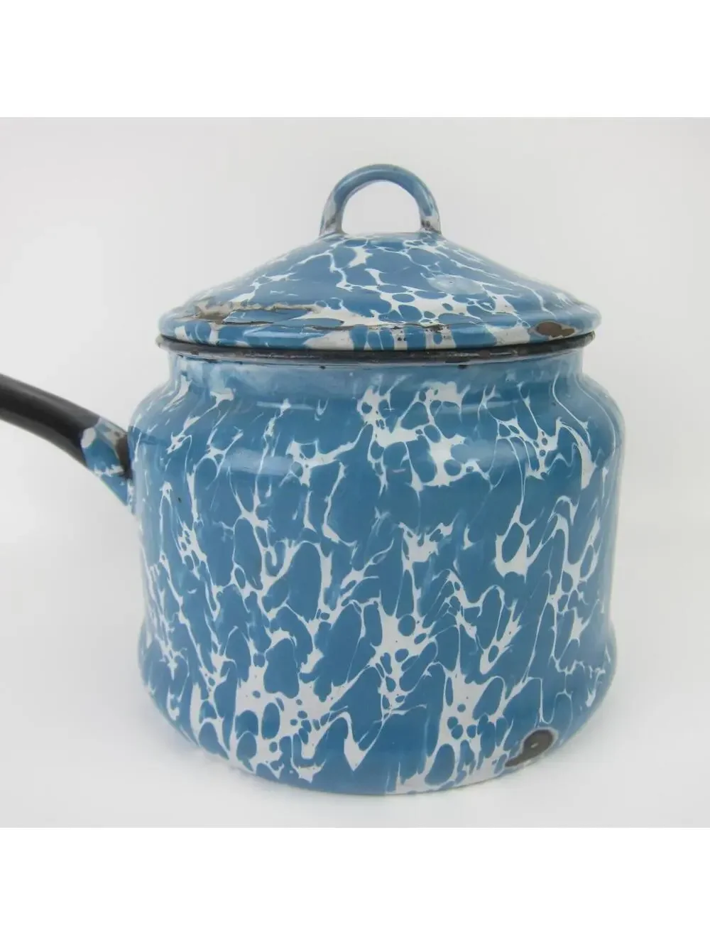 Antique Graniteware Enamelware Pot Blue & White Swirl with Lid Preserving Kettle - Picture 5 of 10
